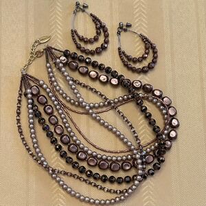Coldwater Creek Bronze Multi Strand Beaded Necklace and Hoop Earring Jewelry Set